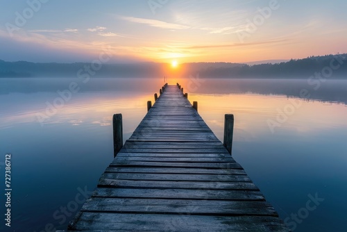 A dock made of wood is seen floating in the middle of a vast body of water  A picturesque scene of a wooden pier extending into a calm lake at sunrise  AI Generated