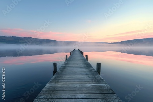 A Dock Surrounded by Water, A picturesque scene of a wooden pier extending into a calm lake at sunrise, AI Generated photo