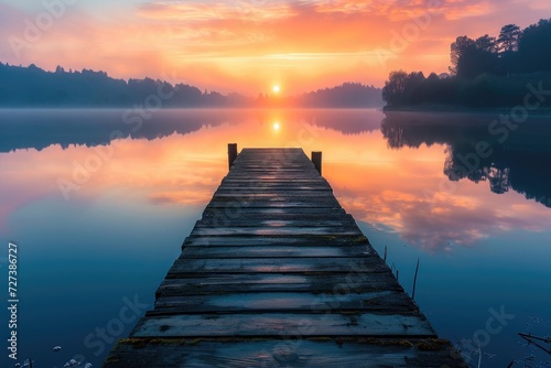A wooden dock is seen floating on the calm water, creating a platform for boats to rest, A picturesque scene of a wooden pier extending into a calm lake at sunrise, AI Generated photo