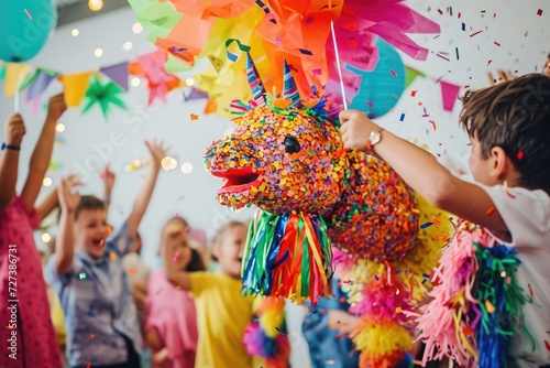 Group of Children Standing Around Colorful Horse, A pinata being exploded at a vibrant children's party, AI Generated