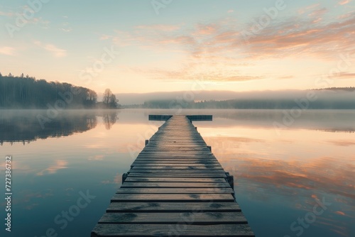 A dock extends over a serene lake  surrounded by lush greenery of a nearby forest  A picturesque scene of a wooden pier extending into a calm lake at sunrise  AI Generated