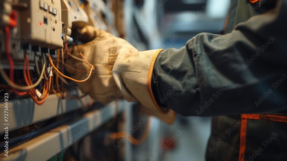 Close-up shot of an electrician carefully repairing wiring and electrical equipment.