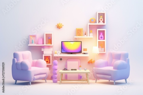 A charming  minimalistic living room with pastel colors  featuring a bright TV and comfortable chairs. Generative AI.