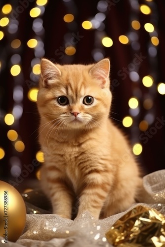 A cozy gold British Shorthair kitten sits beside a Christmas ball in a festive digital painting. Generative AI.