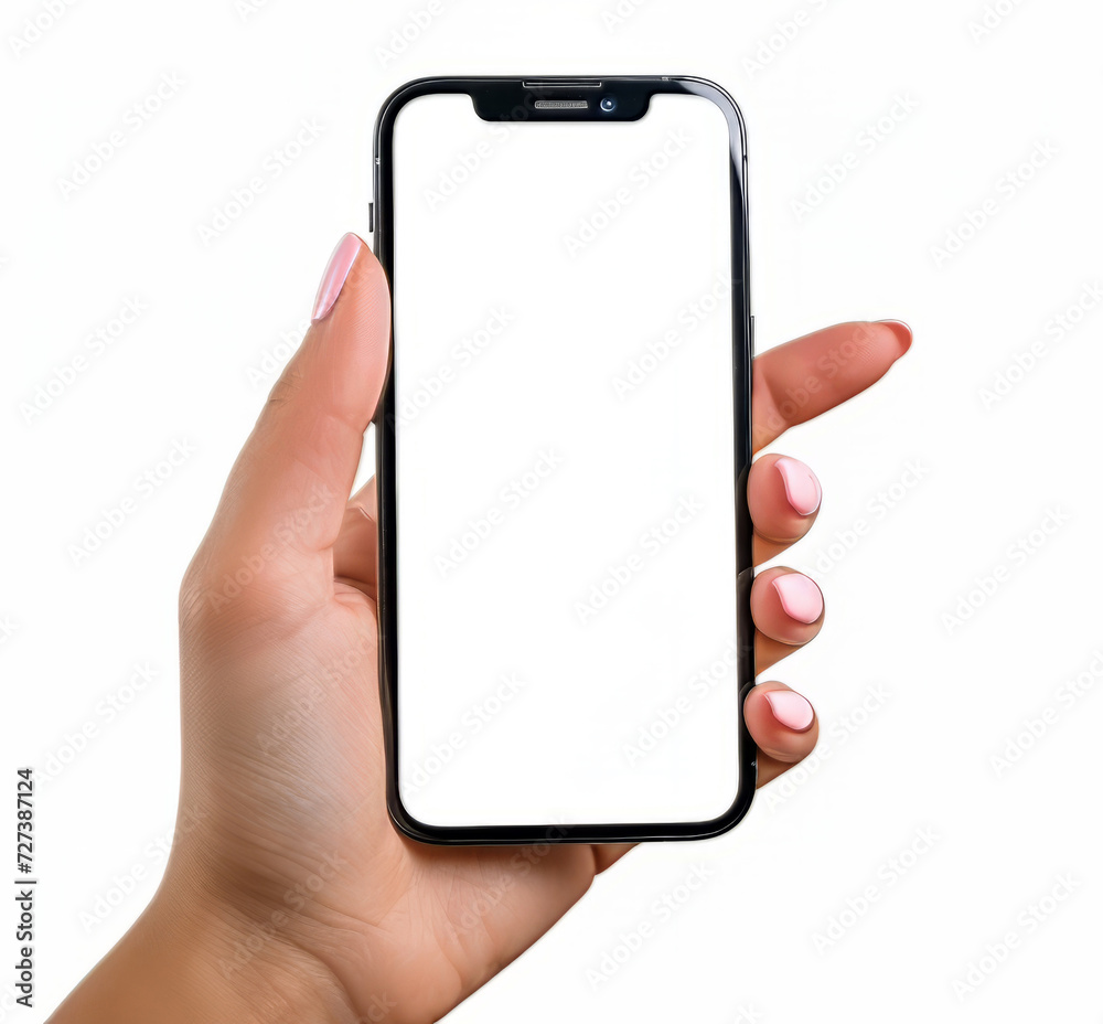 hand  holds big phone with white screen