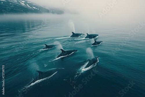 A pod of dolphins gracefully swim together in the vast expanse of the ocean, A pod of whales making their migration journey, AI Generated