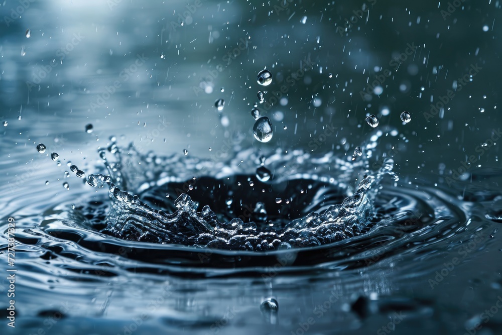 A single drop of water is captured in motion as it falls into a body of water, A raindrop falling on a nano-engineered waterproof surface, AI Generated