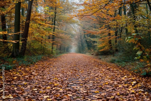 A dirt road winds its way through a dense forest  framed by towering trees and a vibrant carpet of fallen leaves  A quiet forest trail covered with autumn leaves  AI Generated