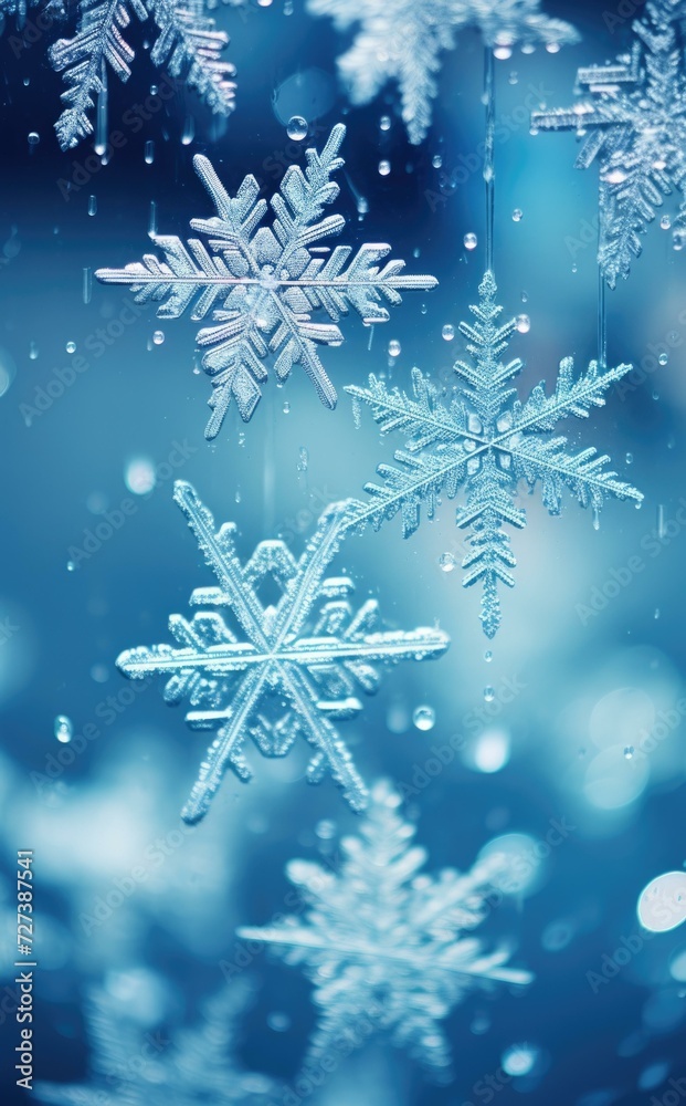 Snowflakes are hanging from the air in a blue background. Generative AI. Snowflakes are hanging from the air in a blue background. Generative AI.