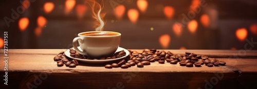 Coffee beans on a wooden table with a cup of coffee and a fire on the background. Generative AI.