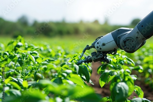 A person firmly grasps a machine while standing in a wide-open field, A robotic arm performing precision agriculture in a GMO field, AI Generated