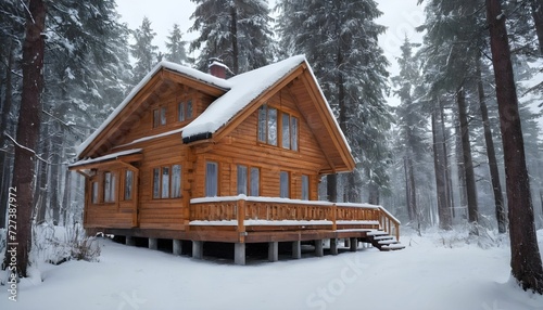Cozy wooden house in a winter snowy forest landscape, serene and calm feeling created with generative ai