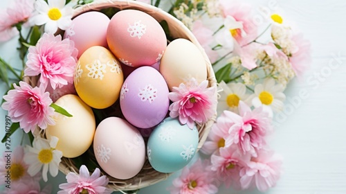 Colorful easter eggs in a basket with flowers. Generative AI.