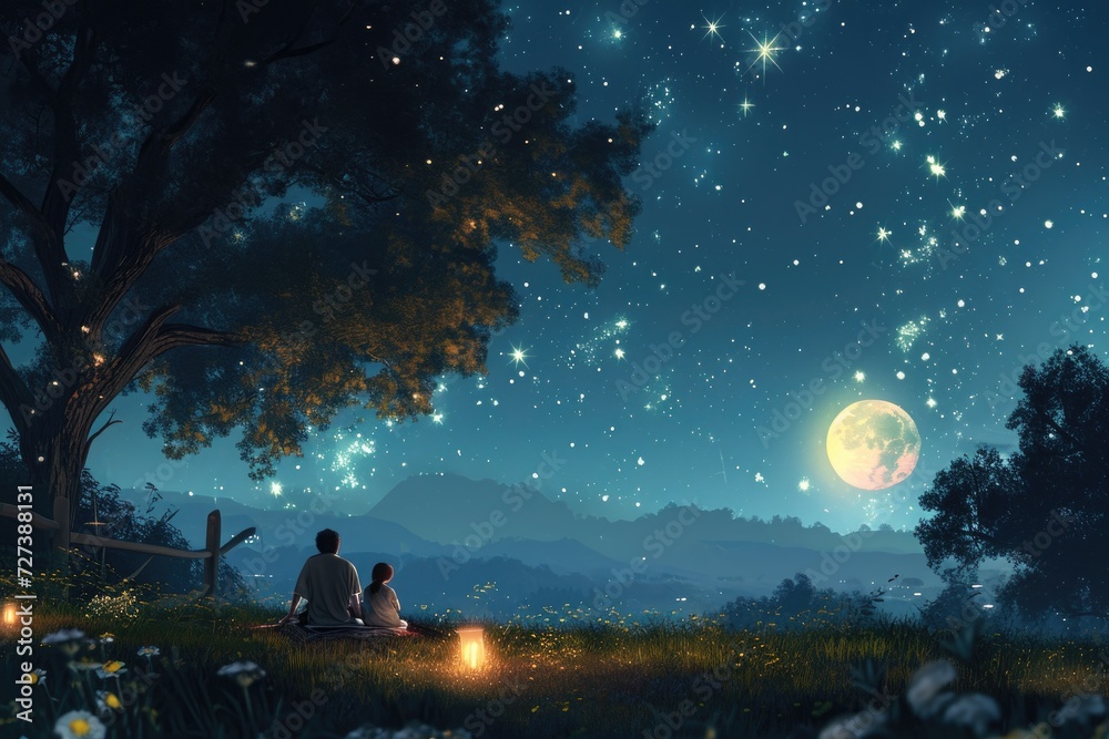 Two individuals sitting underneath a tree, gazing at the stars in the night sky, A romantic summer night scene under a moonlit starry sky, AI Generated Two individuals sitting underneath a tree, gazing at the stars in the night sky, A romantic summer night scene under a moonlit starry sky, AI Generated