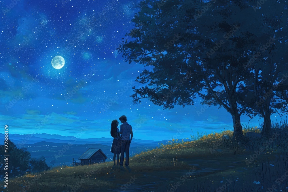 A painting depicting a couple gazing up at the starry night sky, captivated by its beauty and wonder, A romantic summer night scene under a moonlit starry sky, AI Generated