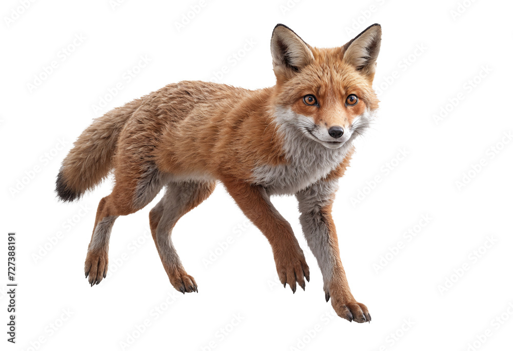 funny fox animal in full body jumping through the picture isolated against transparent background