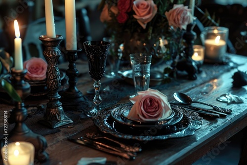 A table adorned with candles and flowers creating an elegant and inviting atmosphere, A romantic dinner in a gothic style, AI Generated