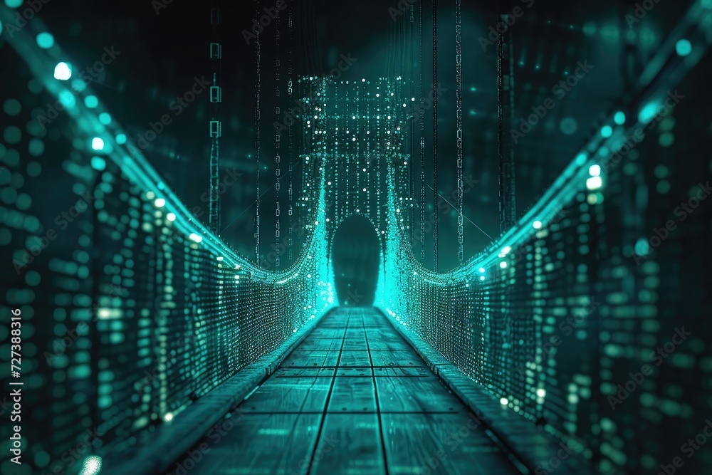 A man walks across a bridge at night with only the faint glow of streetlights illuminating his path, A secure internet gateway portrayed as a guarded bridge, AI Generated - obrazy, fototapety, plakaty 