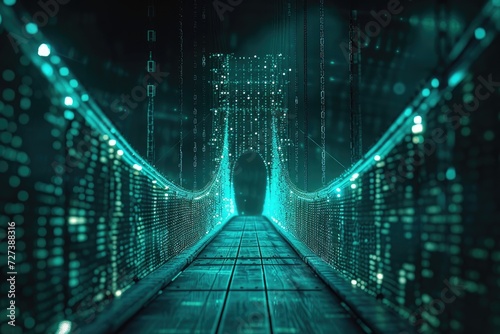 A man walks across a bridge at night with only the faint glow of streetlights illuminating his path, A secure internet gateway portrayed as a guarded bridge, AI Generated photo