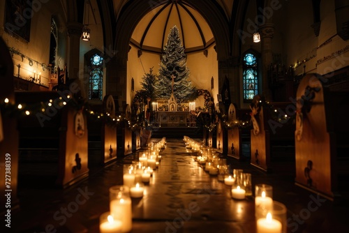 A photograph depicting a church interior filled with a multitude of lit candles  creating a warm and luminous atmosphere  A serene candle-lit church on Christmas Eve  AI Generated