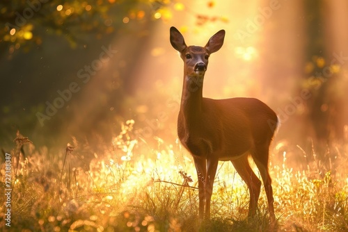 A deer stands alone in the middle of a field, surrounded by tall grass and with blue sky in the background, A serene deer standing in a meadow with sunlight filtering through the trees, AI Generated © Ifti Digital