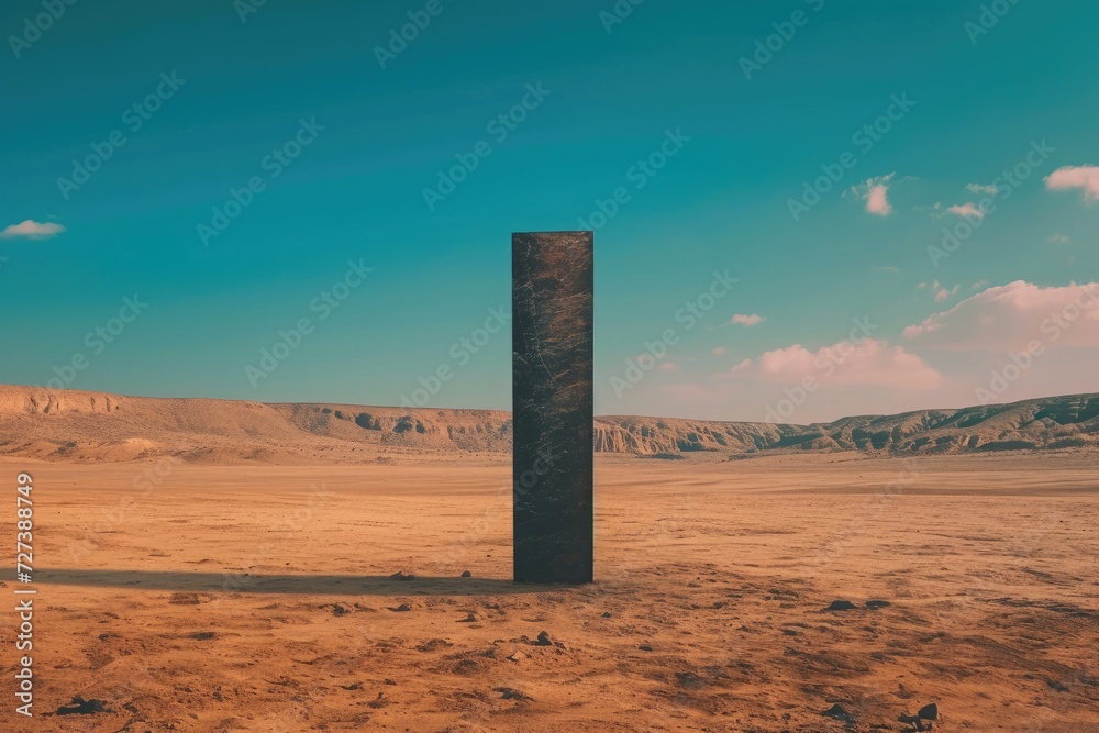A towering pillar stands prominently in the vast expanse of the desert landscape, A solitary monolith standing tall in a barren desert, AI Generated