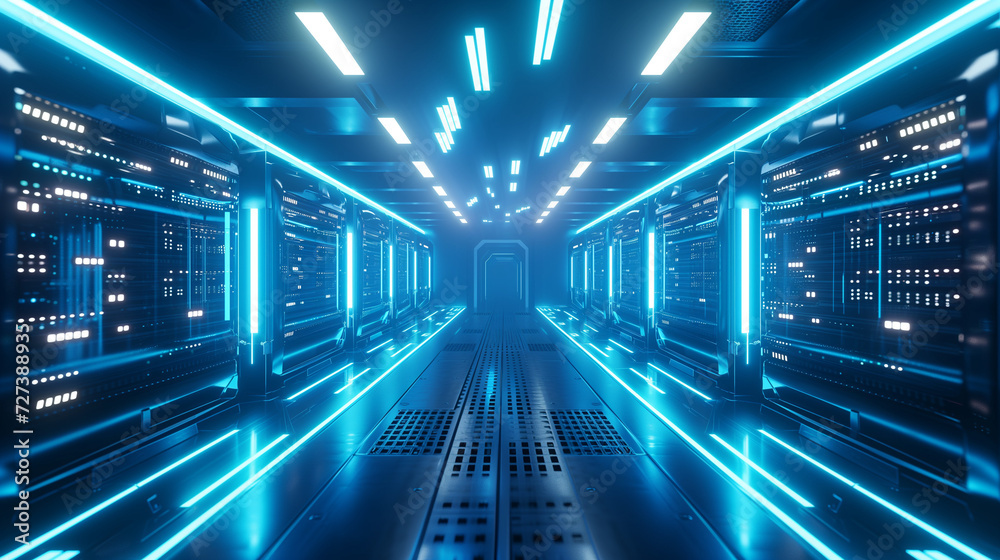 Futuristic Server Room with Rows of High-Tech Equipment, Illuminated by Blue LED Lights, Accentuating Modern Data Center Infrastructure. Cutting-Edge Technology in Contemporary Data Management Setting