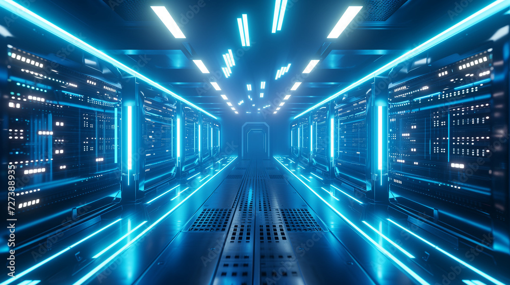 Futuristic Server Room with Rows of High-Tech Equipment, Illuminated by Blue LED Lights, Accentuating Modern Data Center Infrastructure. Cutting-Edge Technology in Contemporary Data Management Setting Futuristic Server Room with Rows of High-Tech Equipment, Illuminated by Blue LED Lights, Accentuating Modern Data Center Infrastructure. Cutting-Edge Technology in Contemporary Data Management Setting