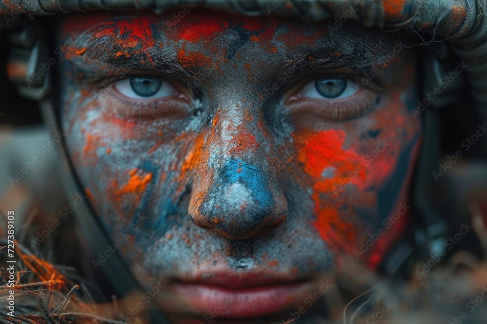 A close-up of a soldier's determined face, adorned with camouflage paint. A close-up of a soldier's determined face, adorned with camouflage paint.