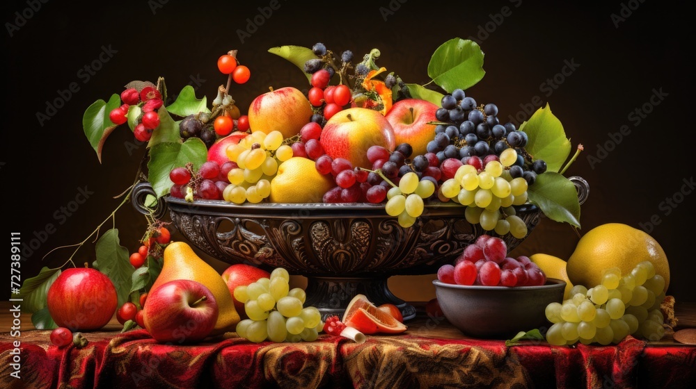 Still life with fruit on a table. Generative AI.