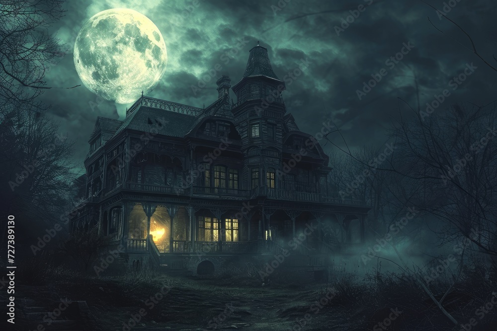 A spooky house with a full moon in the background, creating an eerie atmosphere, A spooky haunted house lit by moonlight on Halloween night, AI Generated A spooky house with a full moon in the background, creating an eerie atmosphere, A spooky haunted house lit by moonlight on Halloween night, AI Generated