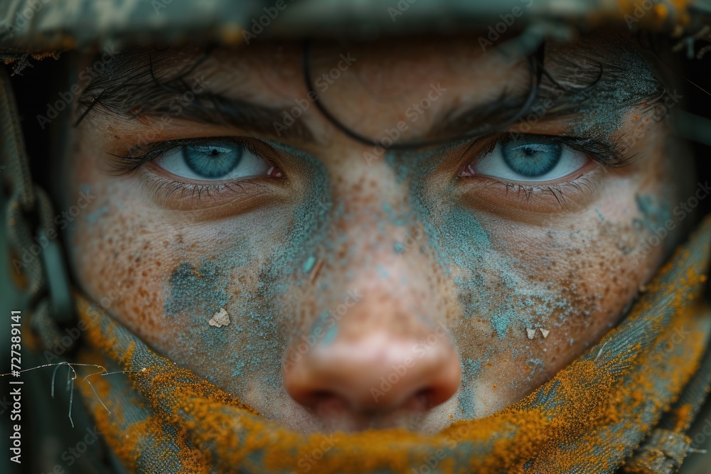 A close-up of a soldier's determined face, adorned with camouflage paint. A close-up of a soldier's determined face, adorned with camouflage paint.