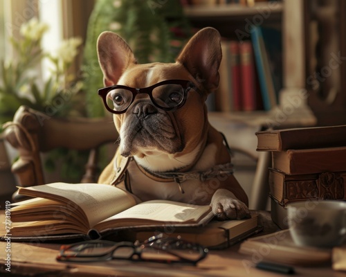 A dog wearing glasses sits at a desk with a book. Generative AI.