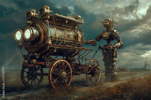 A steampunk-inspired horse drawn carriage making its way along a dusty dirt road, A steampunk style robot pulling a carriage, AI Generated photo