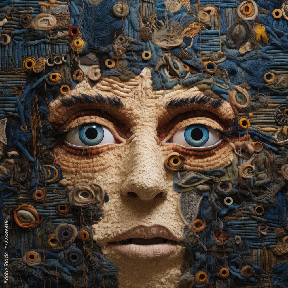 A woman's face made of buttons and other materials. Generative AI.