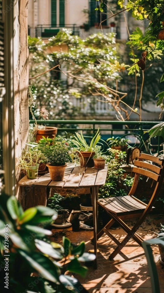 A balcony with a table and chairs. Generative AI. A balcony with a table and chairs. Generative AI.