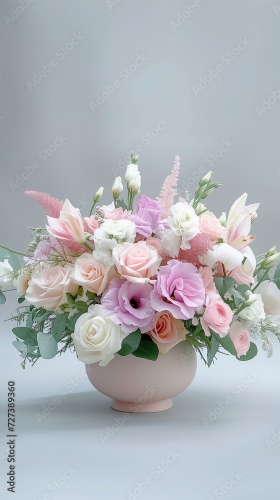 Obraz premium Elegant Floral Arrangement in a Pastel Pink Vase, a Mix of Roses, Lilies, and Eustomas on a Serene Grey Background - Perfect for Gifting and Decoration.