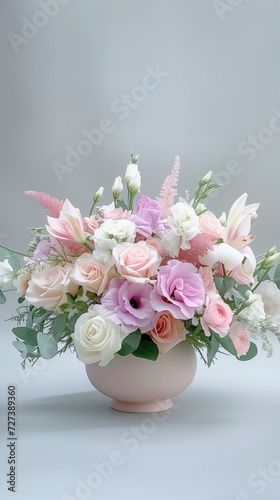Elegant Floral Arrangement in a Pastel Pink Vase, a Mix of Roses, Lilies, and Eustomas on a Serene Grey Background - Perfect for Gifting and Decoration. © FLAFFY