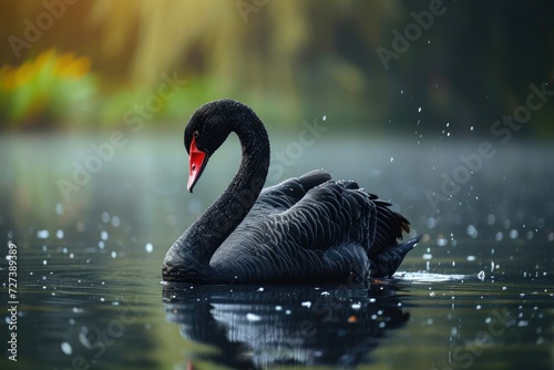A black swan gracefully glides on the surface of the water, showcasing its elegant presence, A stunning black swan sailing peacefully on a pond, AI Generated