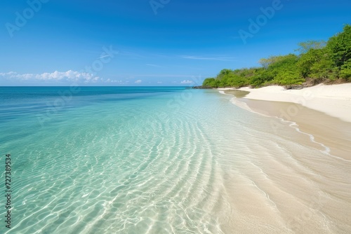 A photograph of a sandy beach with crystal clear blue water and surrounded by trees, A sun-drenched sandy beach with crystal-clear water, AI Generated