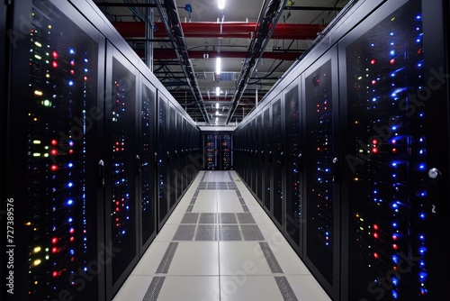 Rows of Servers in a Large Data Center, A supercomputer running simulations of genetic evolution, AI Generated photo