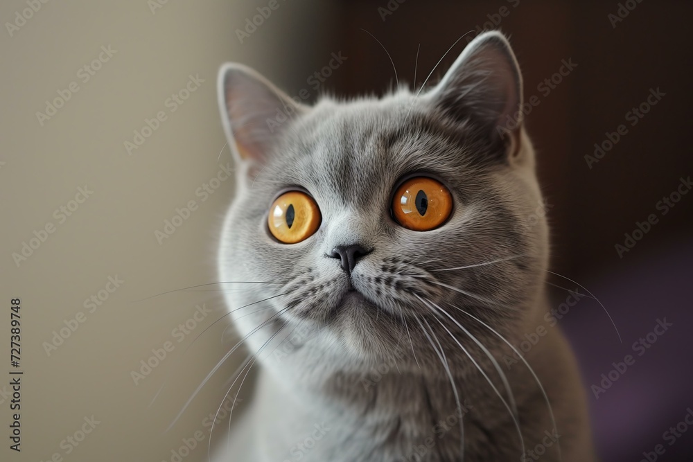 grey shorthair british cat looking to the camera with BIG eyes, too cute