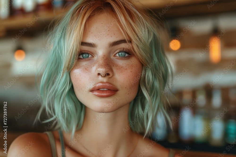 A portrait of a young woman with alluring green hair on St. Patrick's Day