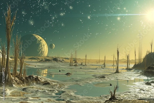 An Artists Rendering of an Alien Landscape, A surreal landscape of silicon-based lifeforms on a planet circling a binary star, AI Generated photo