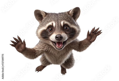funny racoon animals in full body jumping through the picture isolated against transparent background
