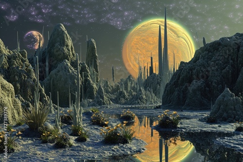 Futuristic Landscape With Mountains and Planets, A surreal landscape of silicon-based lifeforms on a planet circling a binary star, AI Generated photo