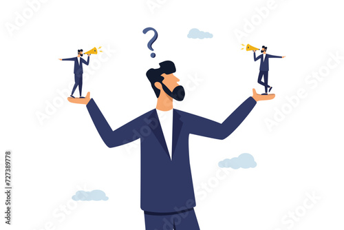 Confused businessman choosing directions. Disagreement or argument for business direction, decision problem or question, alternative or solution concept.
