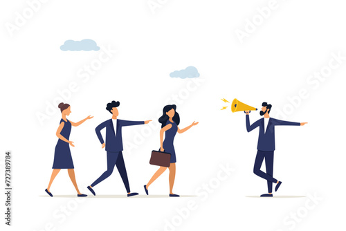 Businessman with megaphone tell coworkers to walk the right way. Business guide to move to the right success direction, leadership to tell solution way.