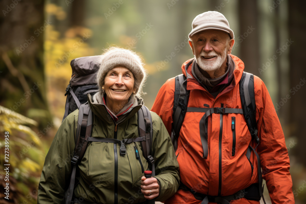 A pair of energetic seniors dons hiking gear, exploring scenic trails as they embark on a newfound passion for outdoor adventure, exemplifying the spirit of active. Generative Ai.