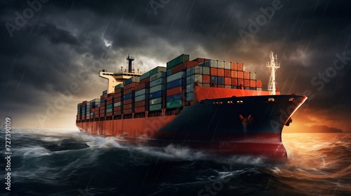 Cargo ship with containers on deck in storm